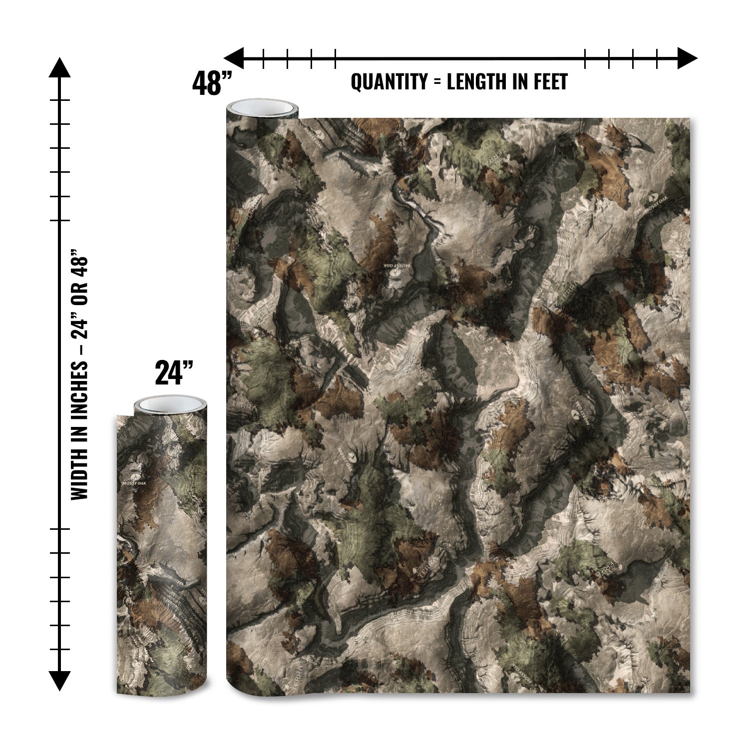 Mossy Oak Graphics matte camo roll available in 24 inch or 48 inch width vinyl wrap in Elements Terra Gila camouflage pattern