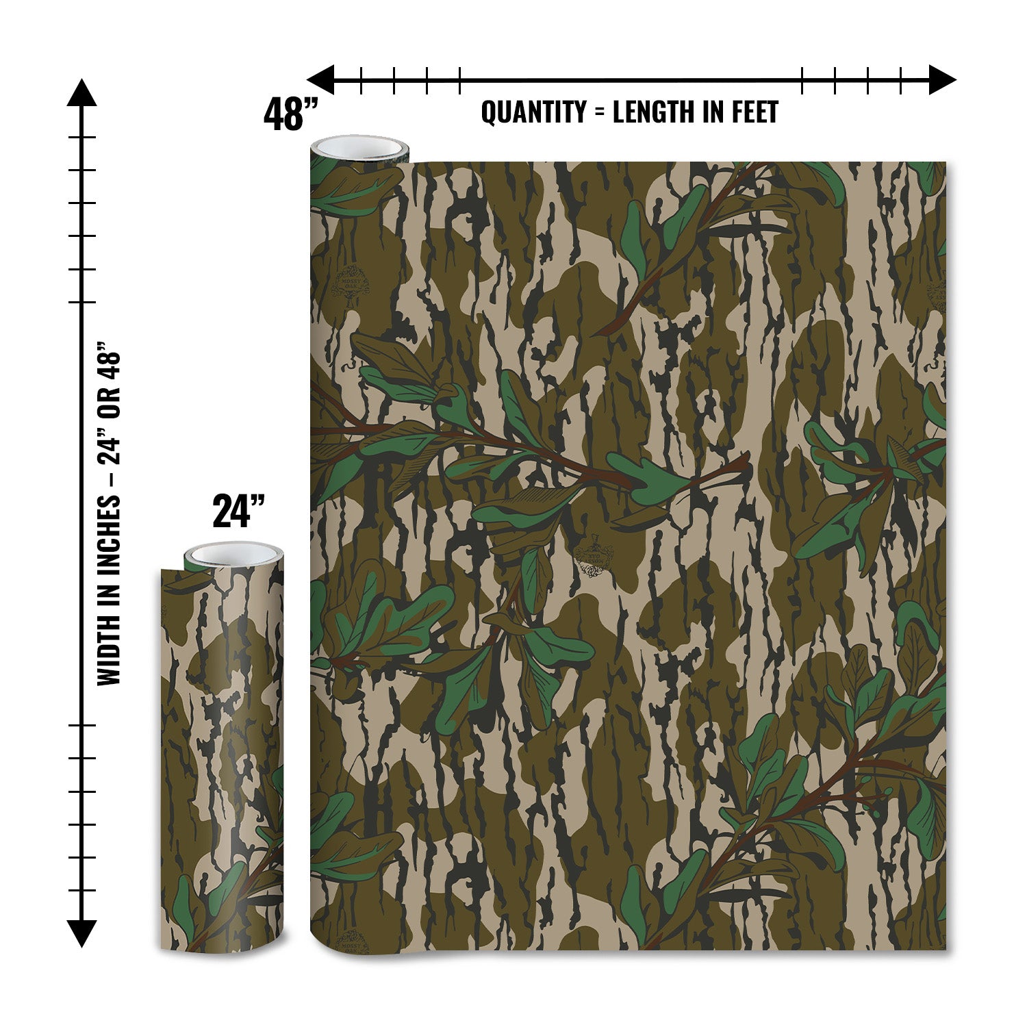 Mossy Oak Graphics matte camo roll available in 24 inch or 48 inch width vinyl wrap in Greenleaf camouflage pattern