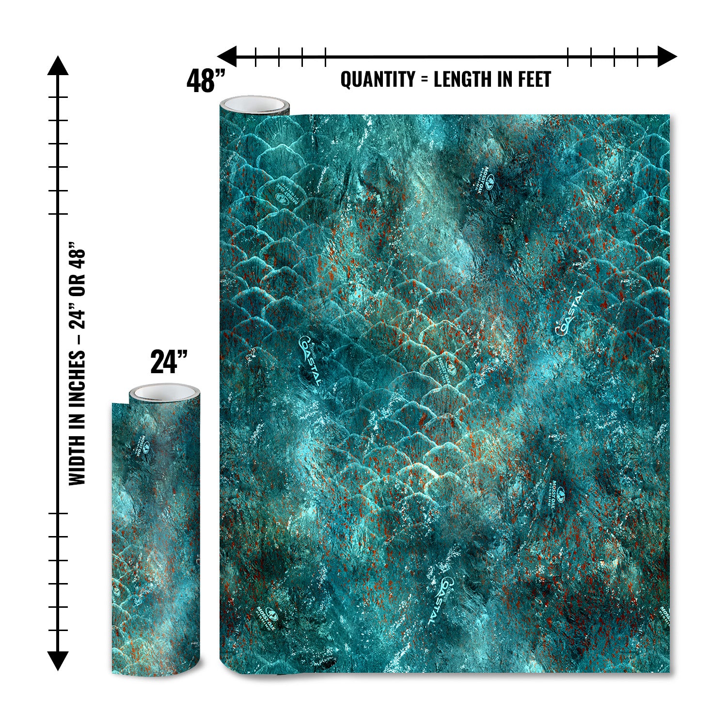 Mossy Oak Graphics matte camo roll available in 24 inch or 48 inch width vinyl wrap in Elements Coastal King Fisher camouflage pattern