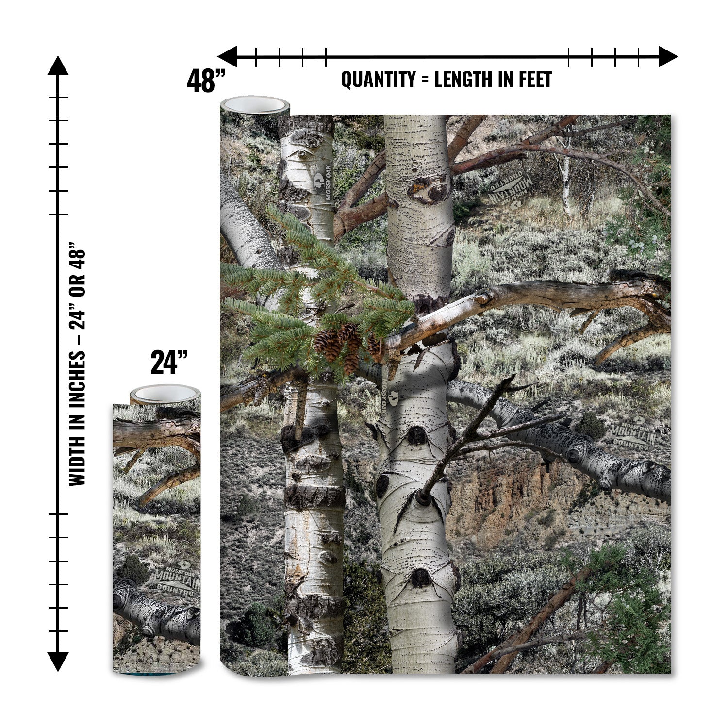 Mossy Oak Graphics matte camo roll available in 24 inch or 48 inch width vinyl wrap in Mountain Country camouflage pattern