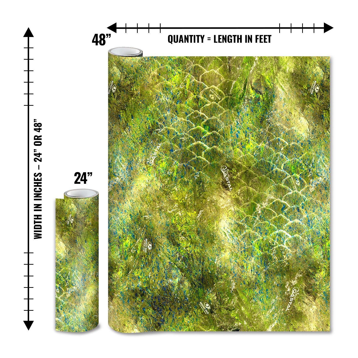 Mossy Oak Graphics matte camo roll available in 24 inch or 48 inch width vinyl wrap in Elements Coastal Mahi Mahi camouflage pattern