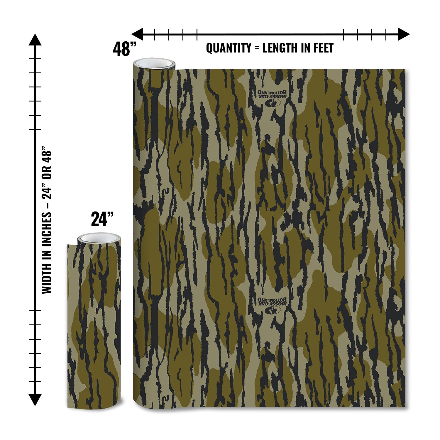 Mossy Oak Graphics matte camo roll available in 24 inch or 48 inch width vinyl wrap in Original Bottomland camouflage pattern