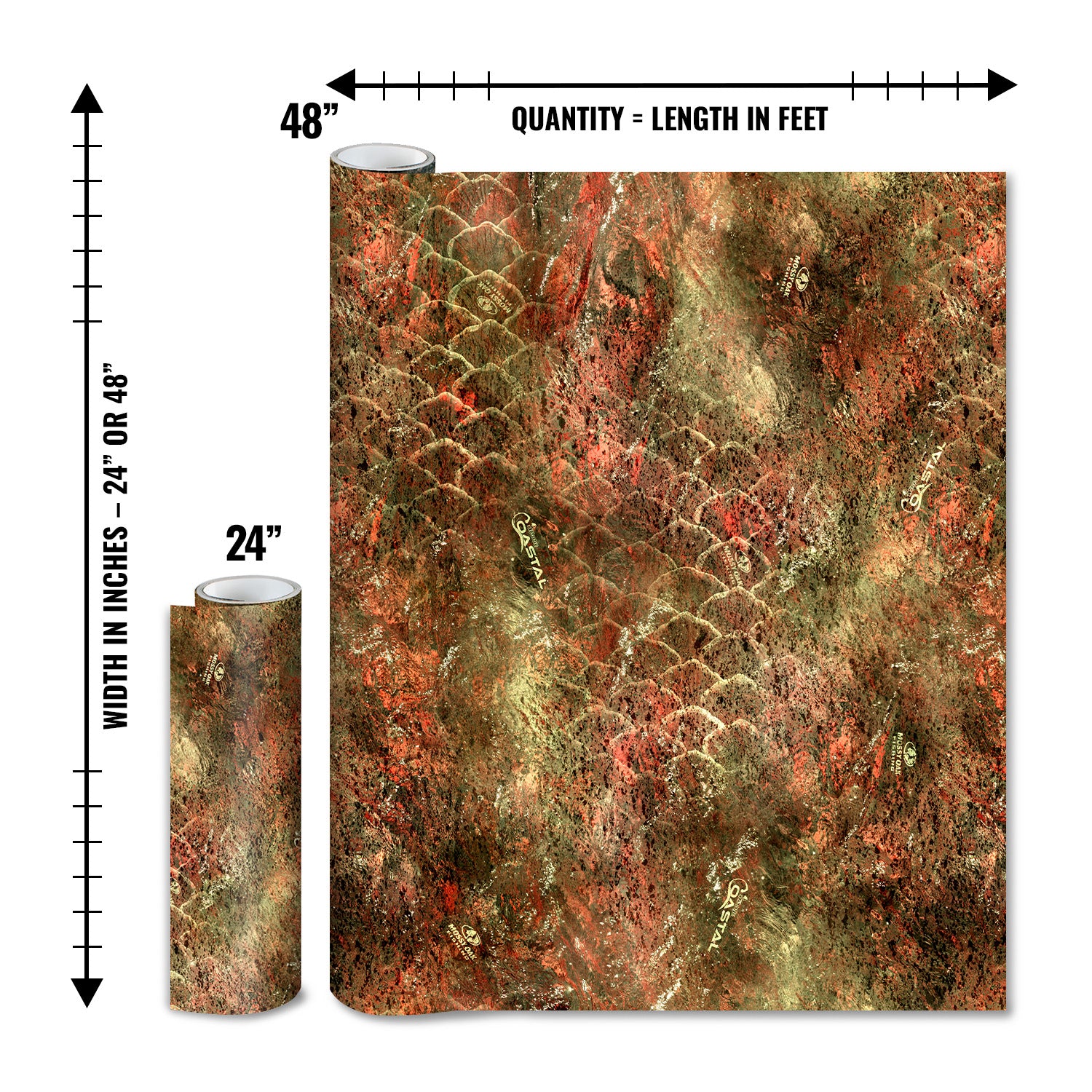 Mossy Oak Graphics matte camo roll available in 24 inch or 48 inch width vinyl wrap in Elements Coastal Rainbow Trout camouflage pattern