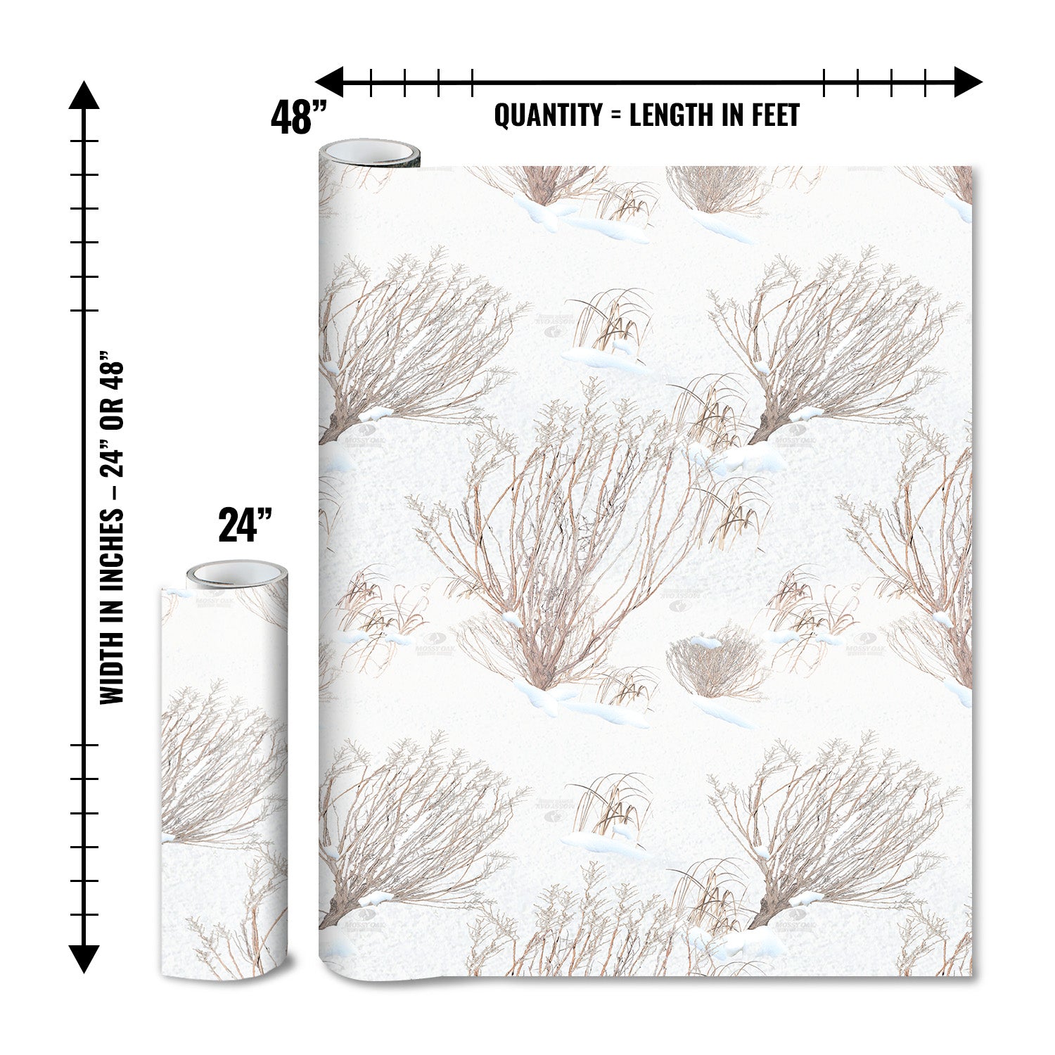 Mossy Oak Graphics matte camo roll available in 24 inch or 48 inch width vinyl wrap in Winter Brush camouflage pattern