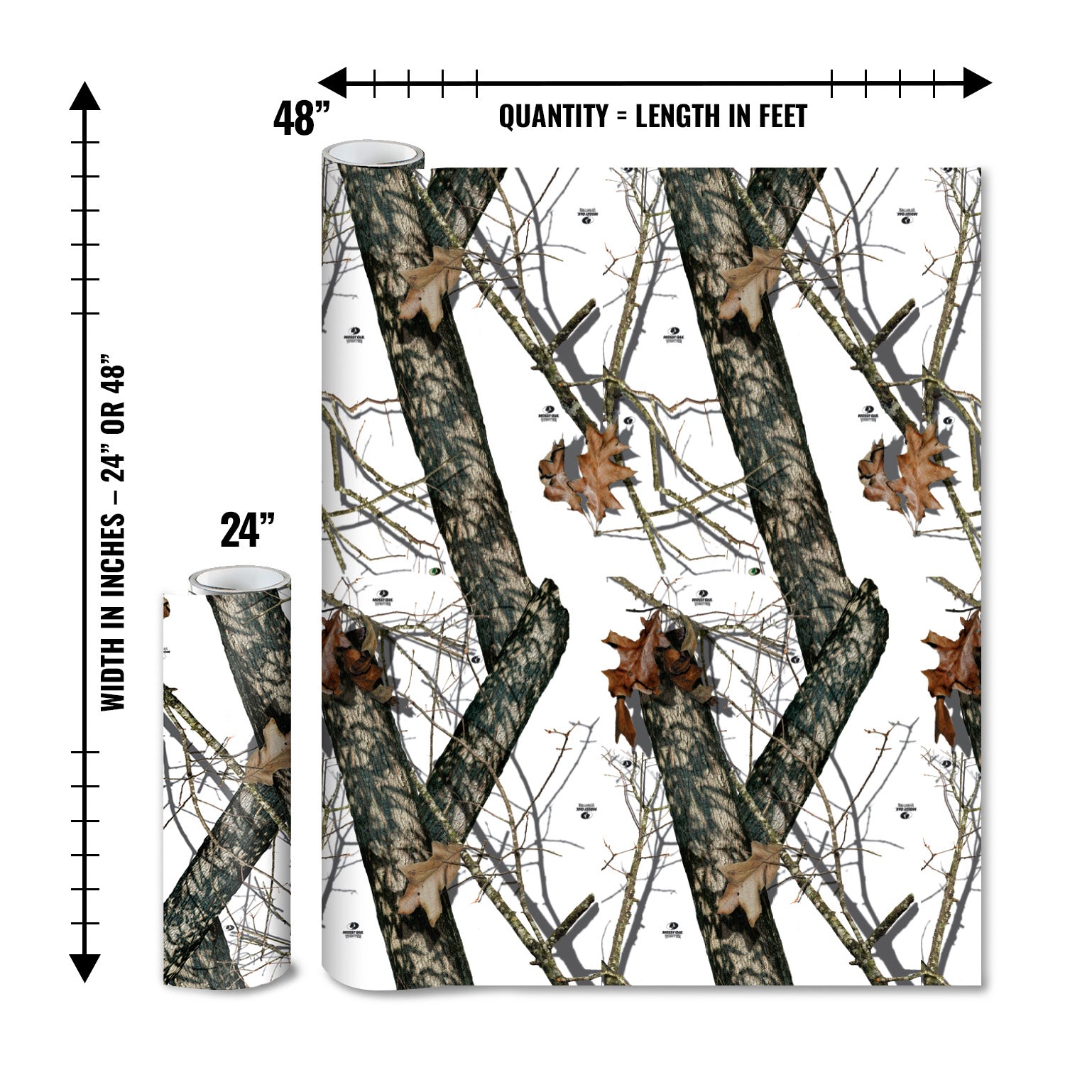 Mossy Oak Graphics matte camo roll available in 24 inch or 48 inch width vinyl wrap in Winter camouflage pattern