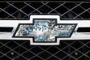 Universal auto emblem peel and stick vinyl with genuine Mossy Oak camo in Hydro Glacier pattern