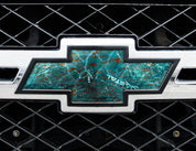 Universal auto emblem peel and stick vinyl with genuine Mossy Oak camo in Coastal King Fisher pattern