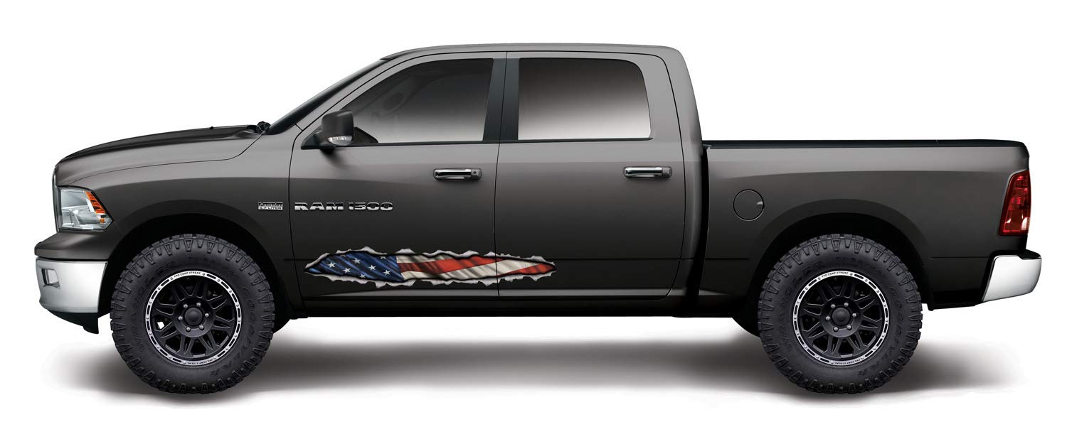 Torn metal American flag peel and stick vinyl displayed on truck.