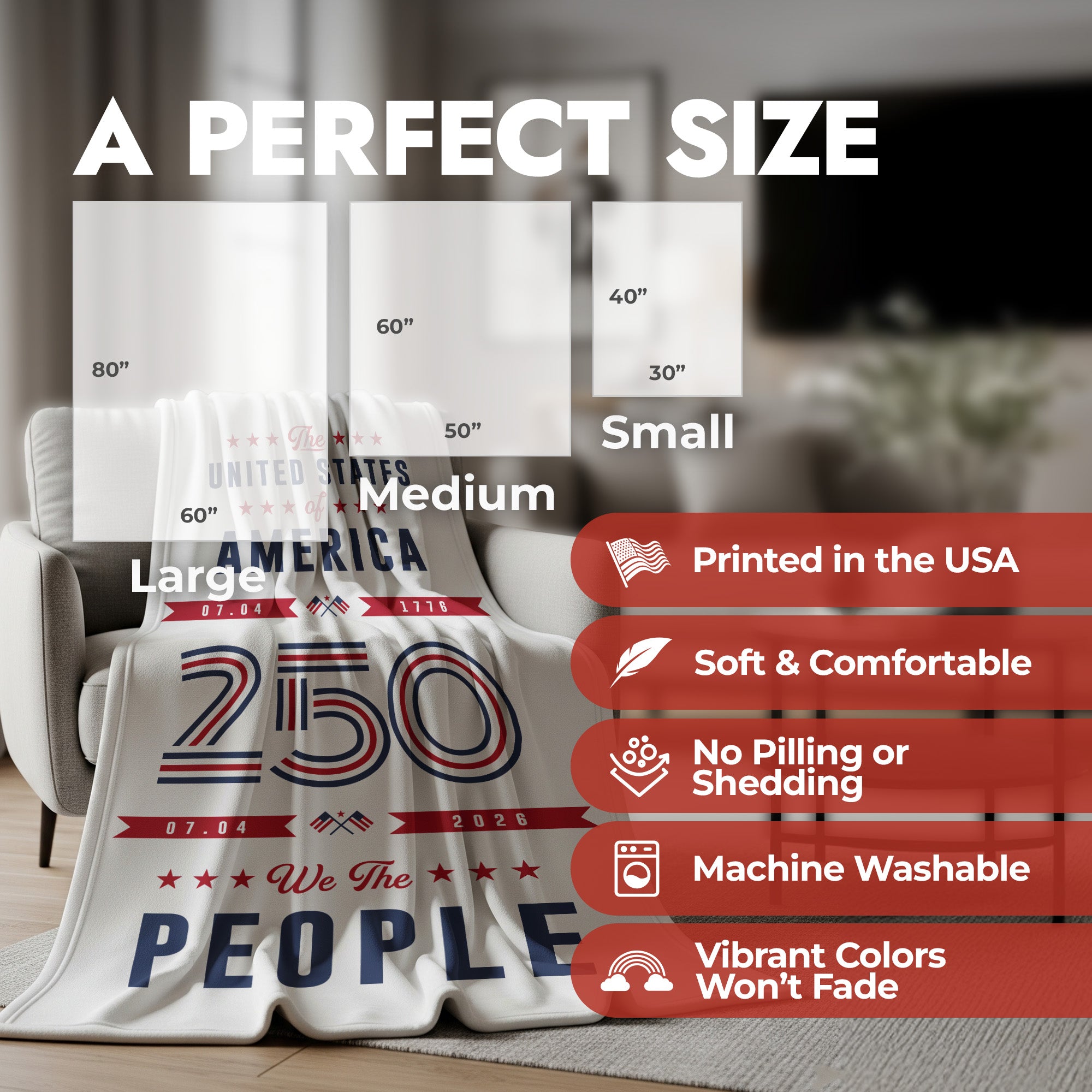 Features list of blanket qualities and size for the We the People America 250 blanket