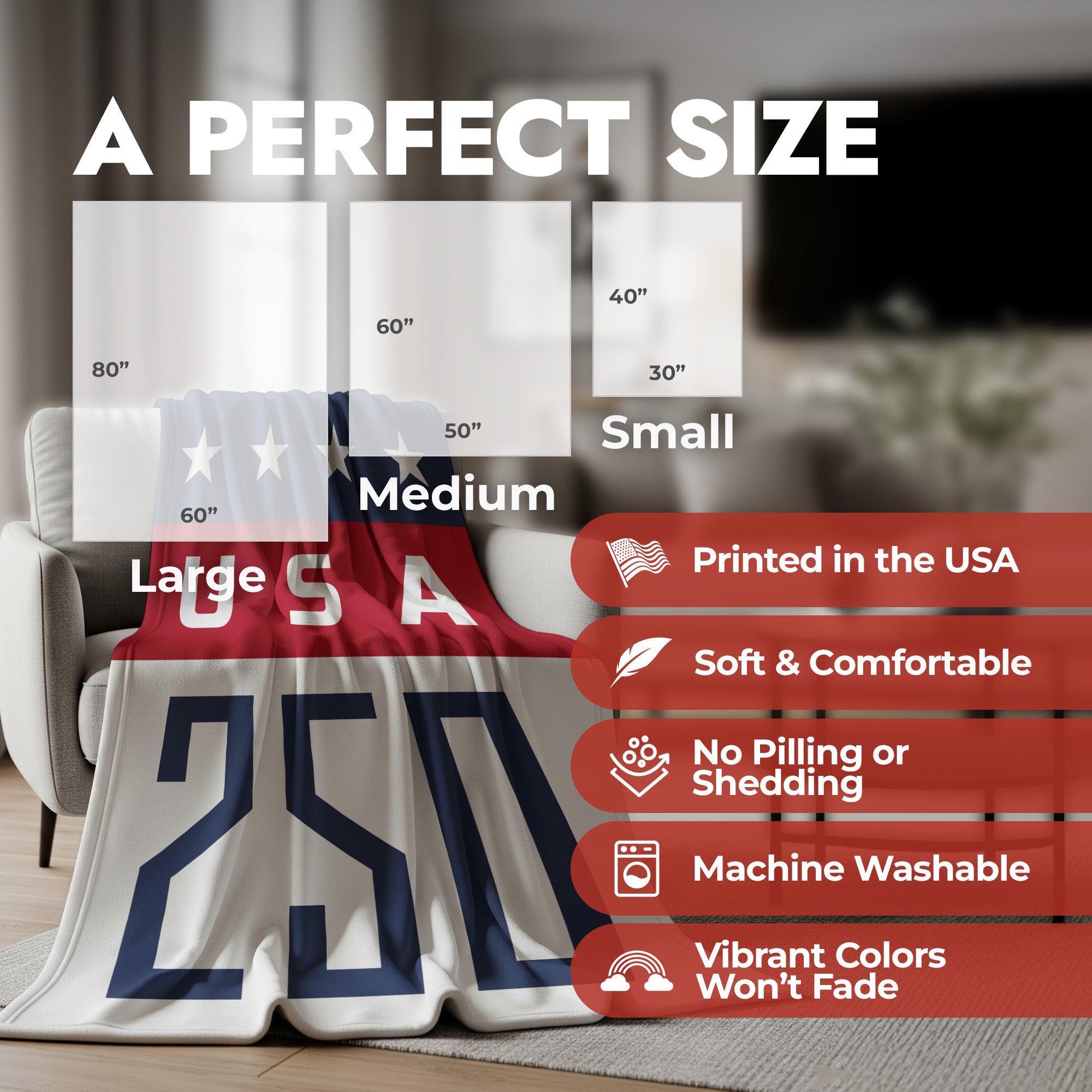 Features list of blanket qualities and size for the USA America 250 blanket