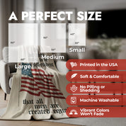 Features list of blanket qualities and size for the Declaration of Independence America 250 blanket