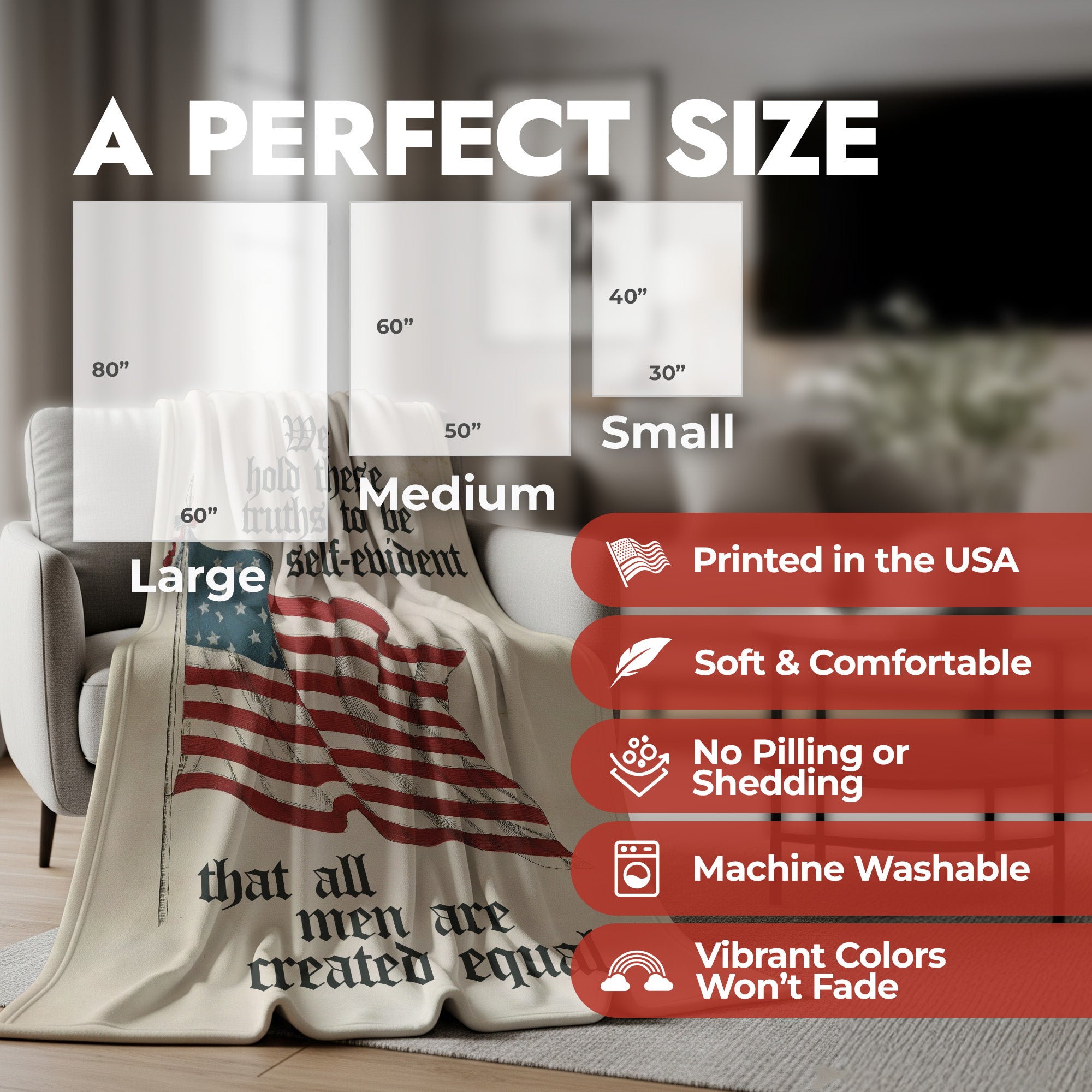 Features list of blanket qualities and size for the Declaration of Independence America 250 blanket