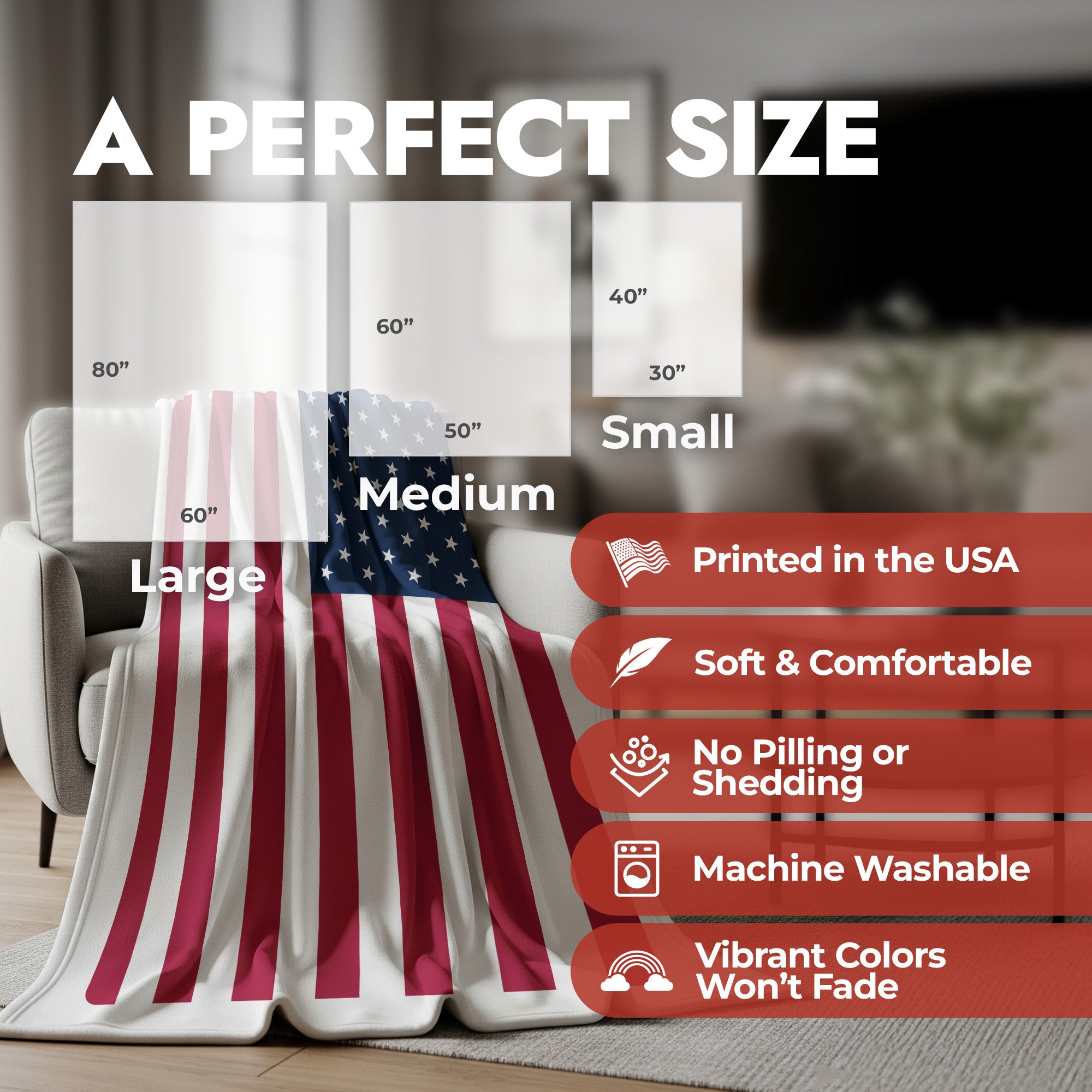 American flag blanket in variable sizes
