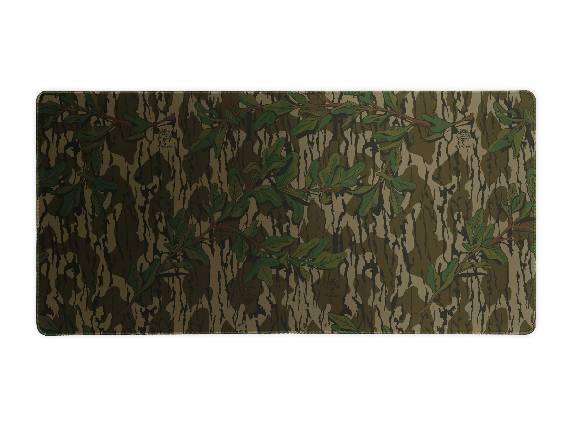 Genuine Mossy Oak camo desk and gaming pad in Green Leaf pattern.
