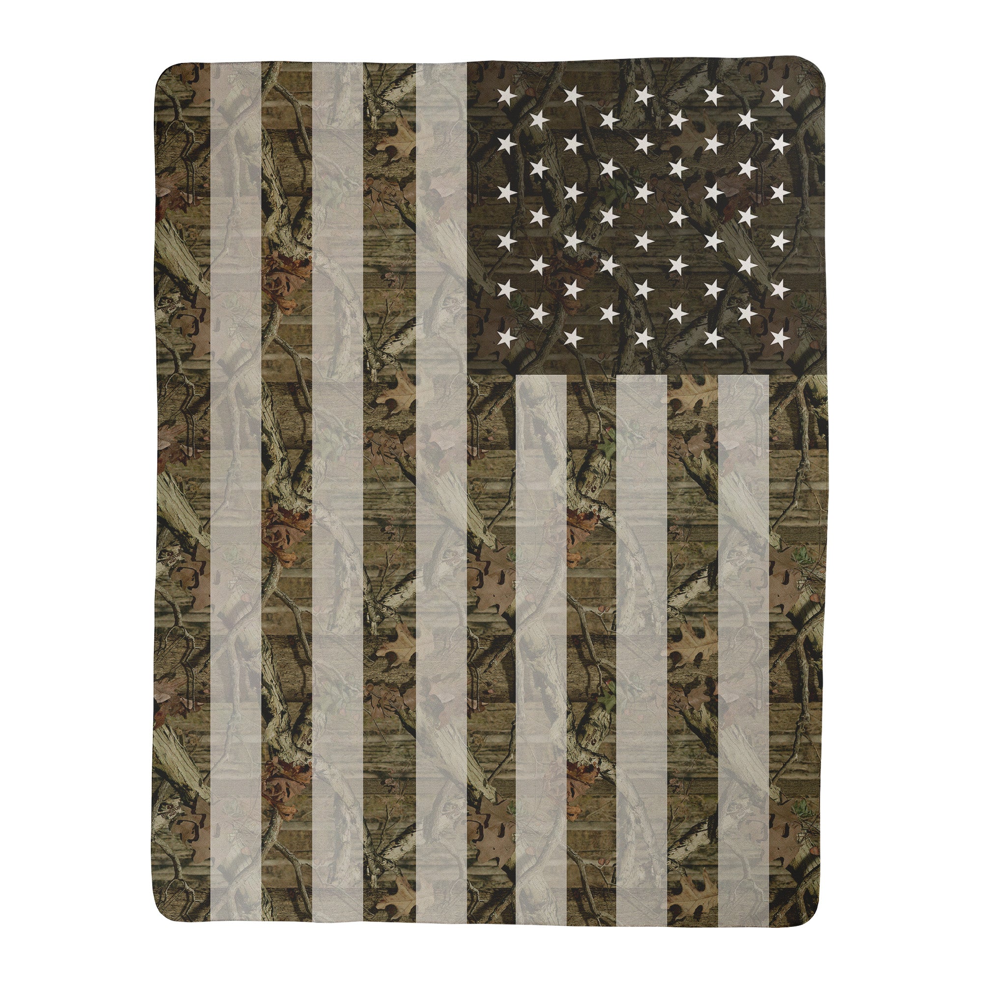 Mossy Oak Graphics camo American Flag Sherpa blanket with Break Up Infinity pattern