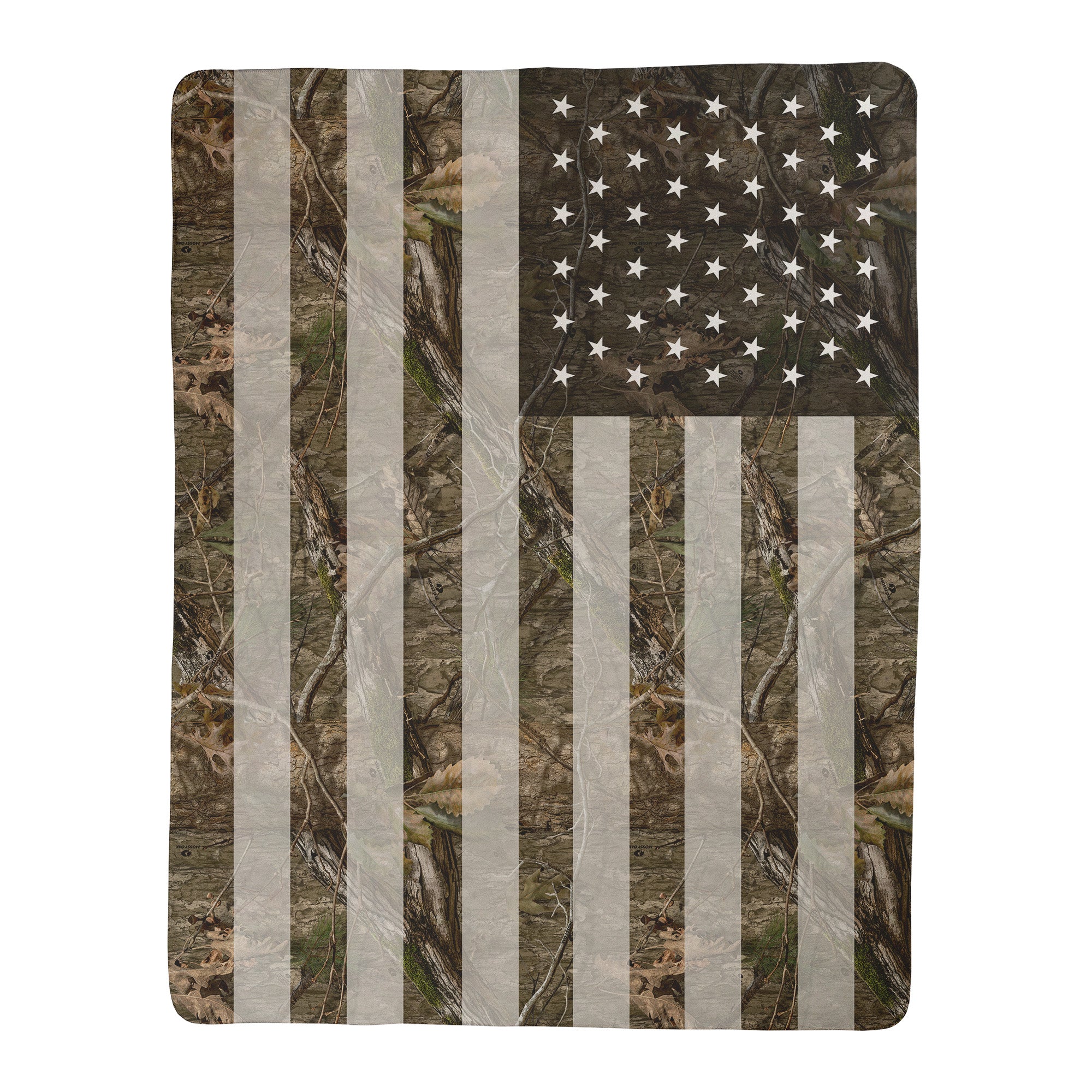 Mossy Oak Graphics camo American Flag Sherpa blanket with Country DNA pattern