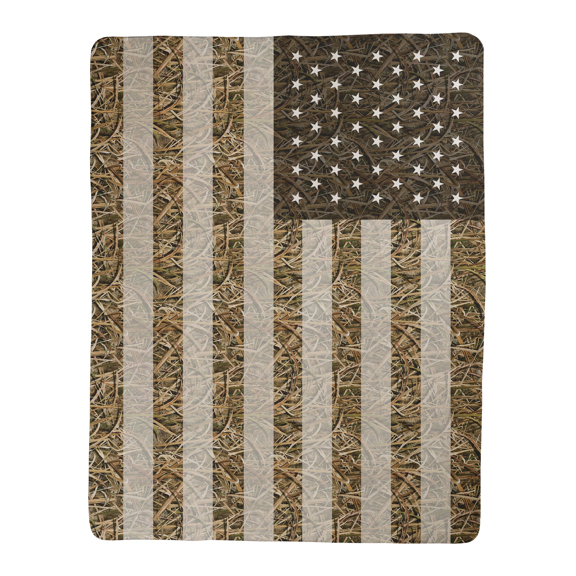 Mossy Oak Graphics camo American Flag Sherpa blanket with Shadow Grass Blades pattern