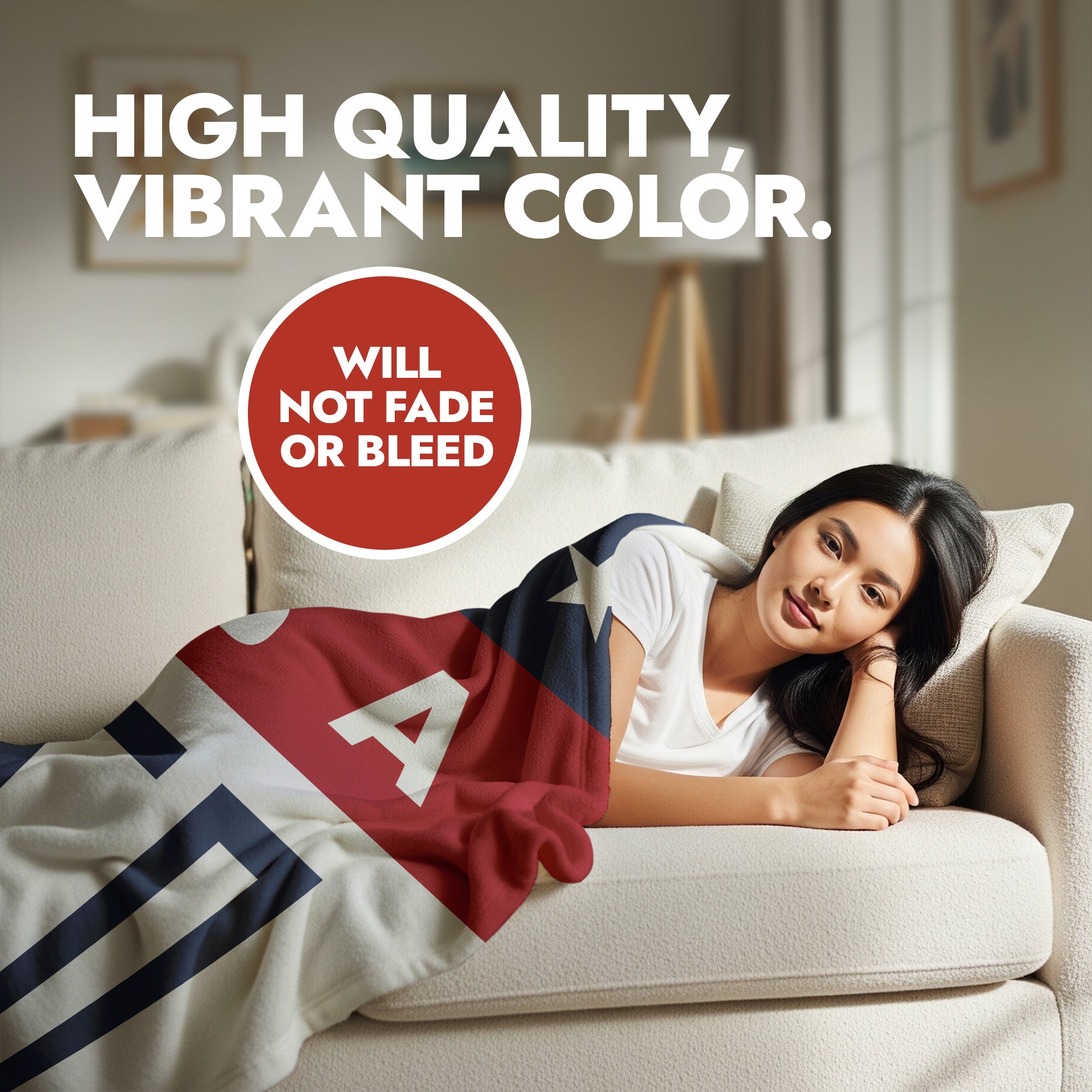 Woman lying on a couch with an America 250 themed blanket, text about color quality and durability.