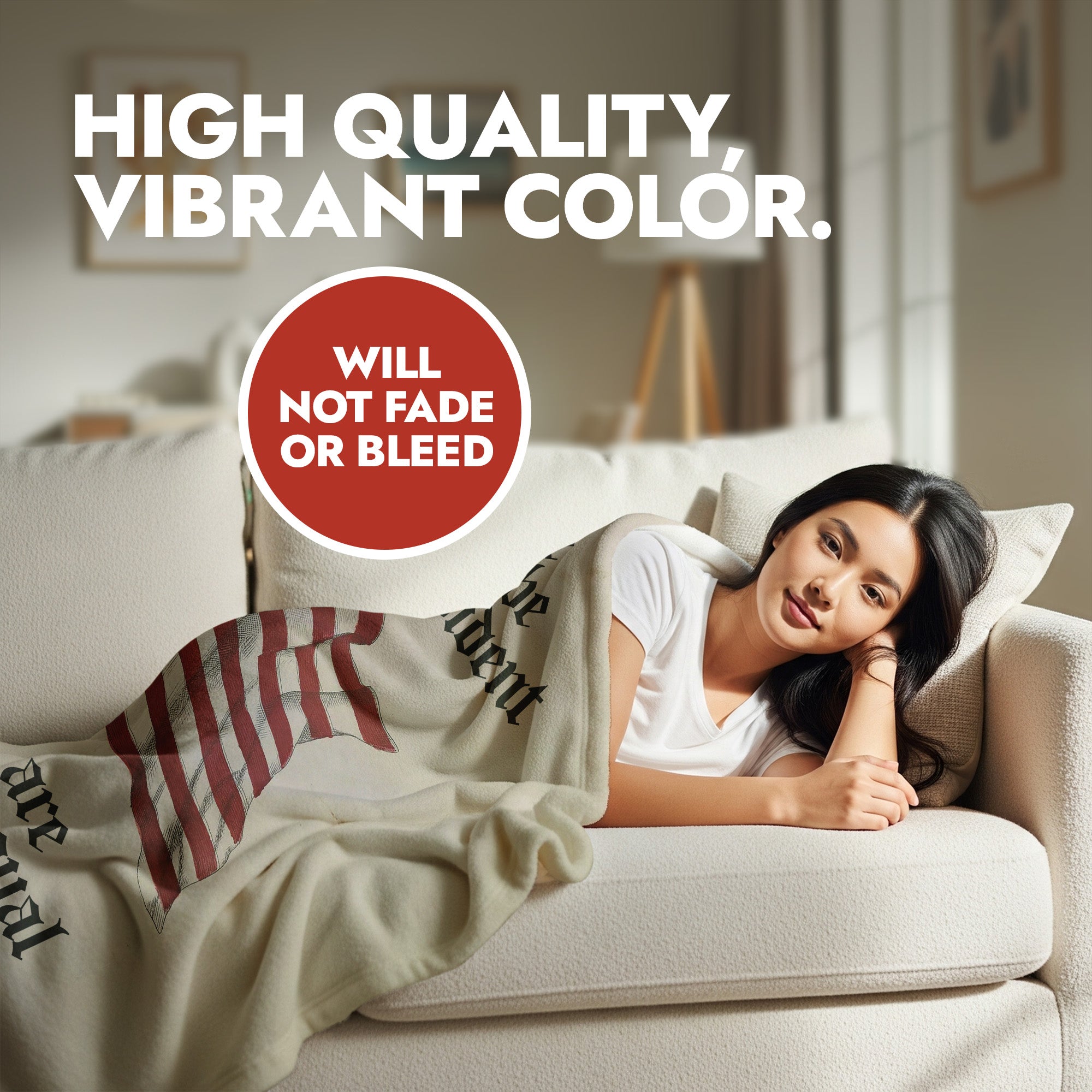 Woman lying on a couch with an America 250 Delcaration of Independence themed blanket, text about color quality and durability.