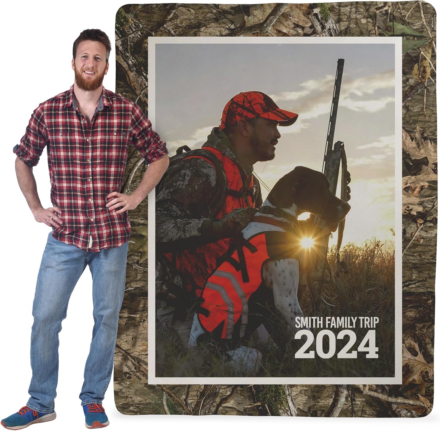 Sherpa fleece backed camo border blanket from Mossy Oak Graphics with custom photo and text