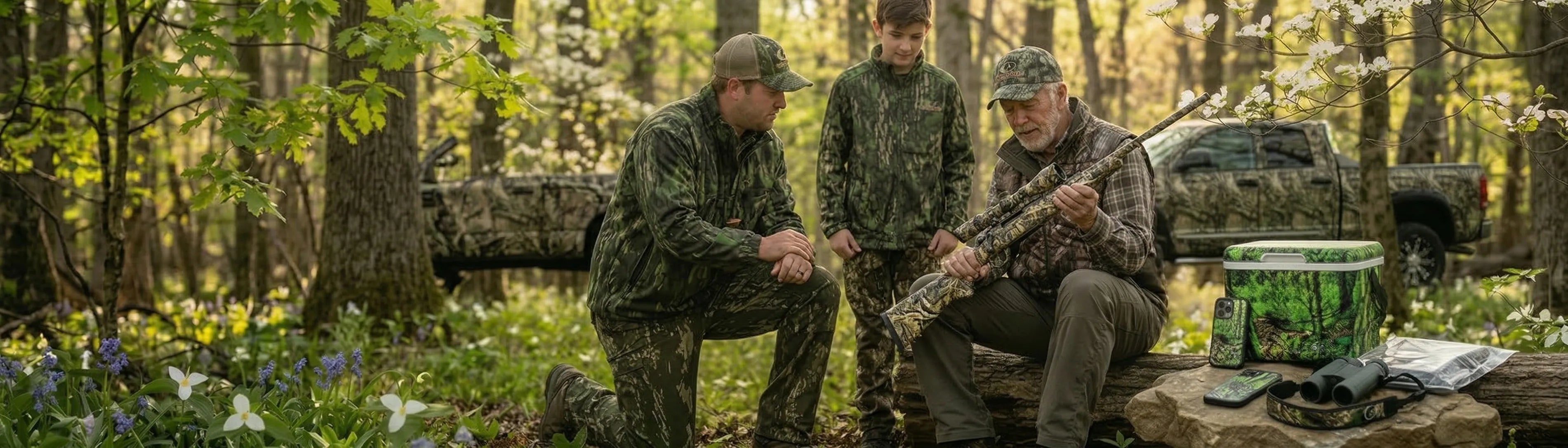 Three hunters in camouflage gear in a forest setting with hunting equipment.