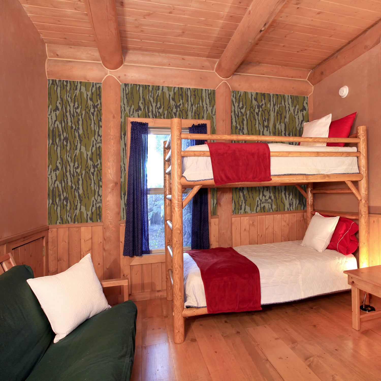 Mossy Oak pattern wallpaper in bedroom
