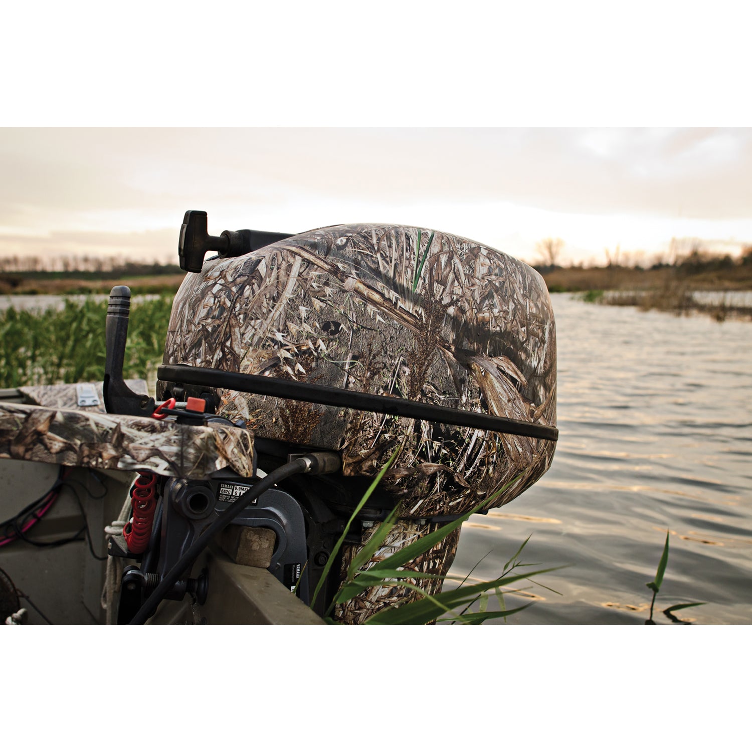 Mossy Oak Graphics boat motor camo vinyl wrap in Duck Blind pattern.