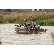 Mossy Oak Graphics Duck Blind camouflage vinyl boat wrap moving in the water.