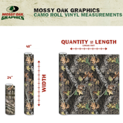 Mossy Oak Graphics camo roll vinyl measurements chart with dimensions and quantity calculation.
