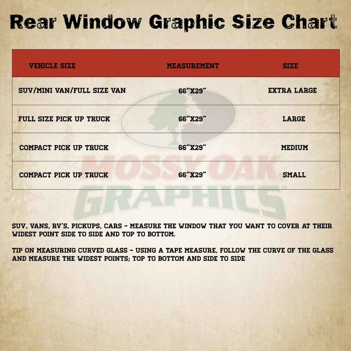 Size chart showing different size measurements for Mossy Oak rear window vehicle graphics.