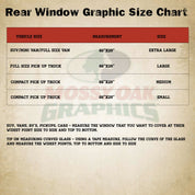 Size chart showing different size measurements for Mossy Oak rear window vehicle graphics.