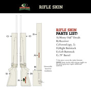 Mossy Oak Graphics rifle skin parts list shows 6 pieces of precut vinyl for a hunting rifle wrap kit.