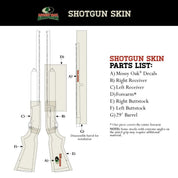 Mossy Oak Graphics shotgun skin parts list shows 6 pieces of precut vinyl for a hunting shotgun wrap kit.